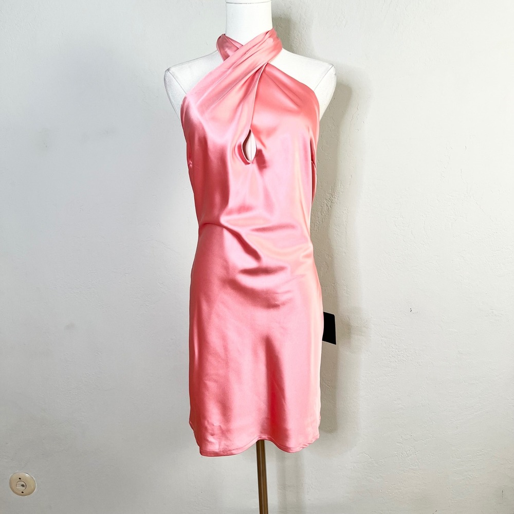 Lulus Mini Dress Twist Front Halter Small Pink Satin Backless Beyond Classy NEW
